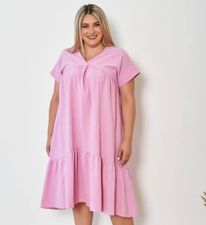 Легкое расклешенное платье с коротким рукавом, розовое