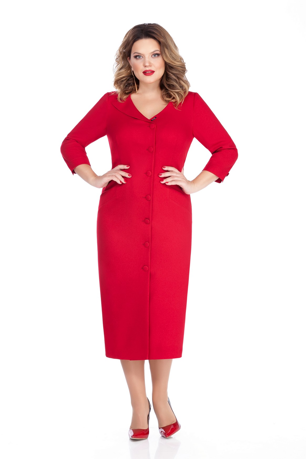 Приталенное платье на пуговицах с боковыми карманами, красное