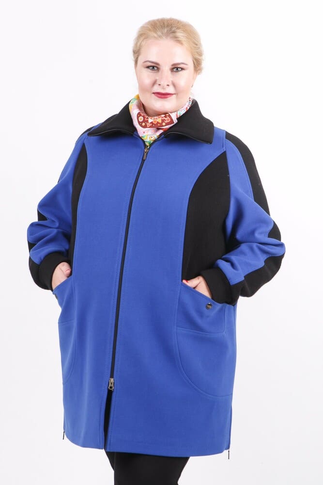 Прямое комбинированное пальто на молнии, синий с черным