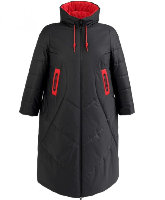 Демисезонное пальто с крупной стежкой и красной отделкой, черное