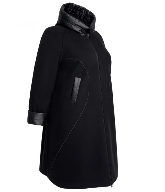 Длинное драповое пальто с отделкой плащевкой, черное
