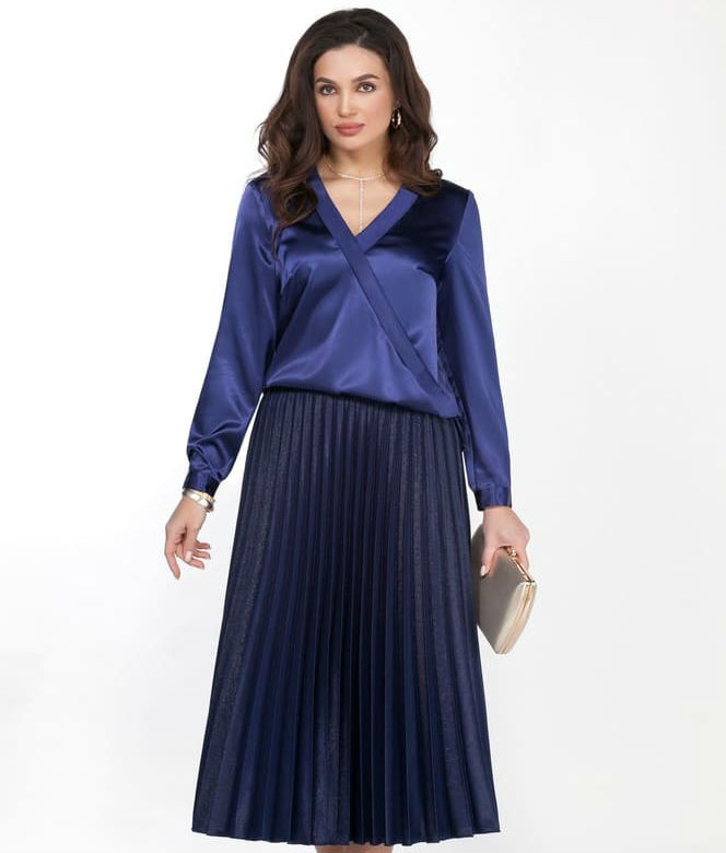 Комплект из гофрированной юбки и блузки, темно-синий