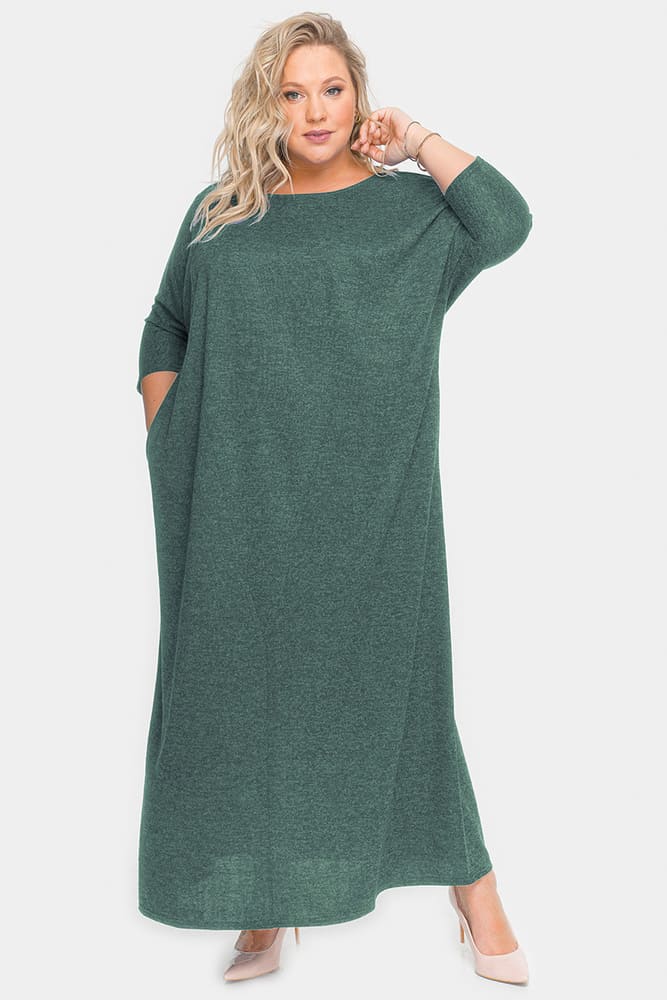 Длинное свободное платье с карманами, зеленое