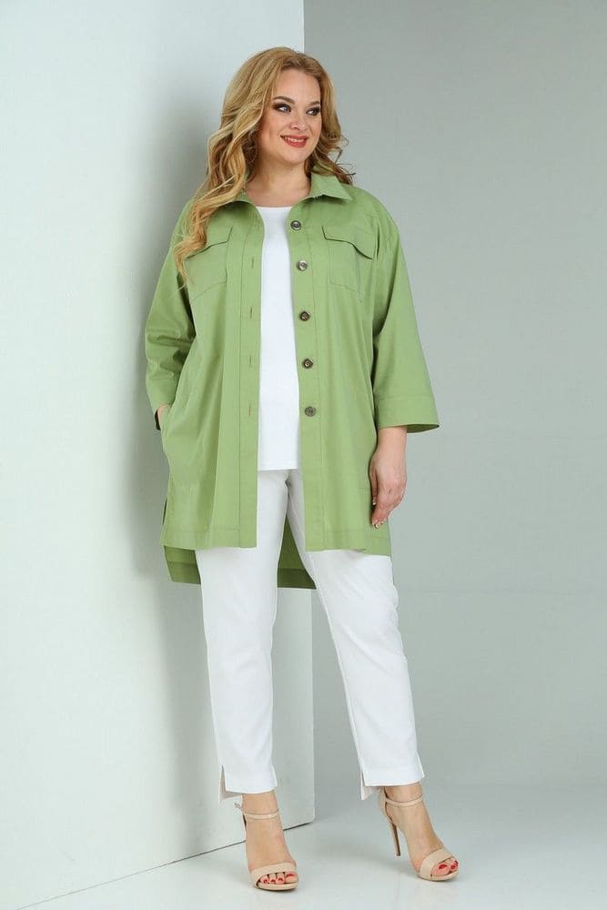 Комплект из брюк и свободного блузона, белый с зеленым