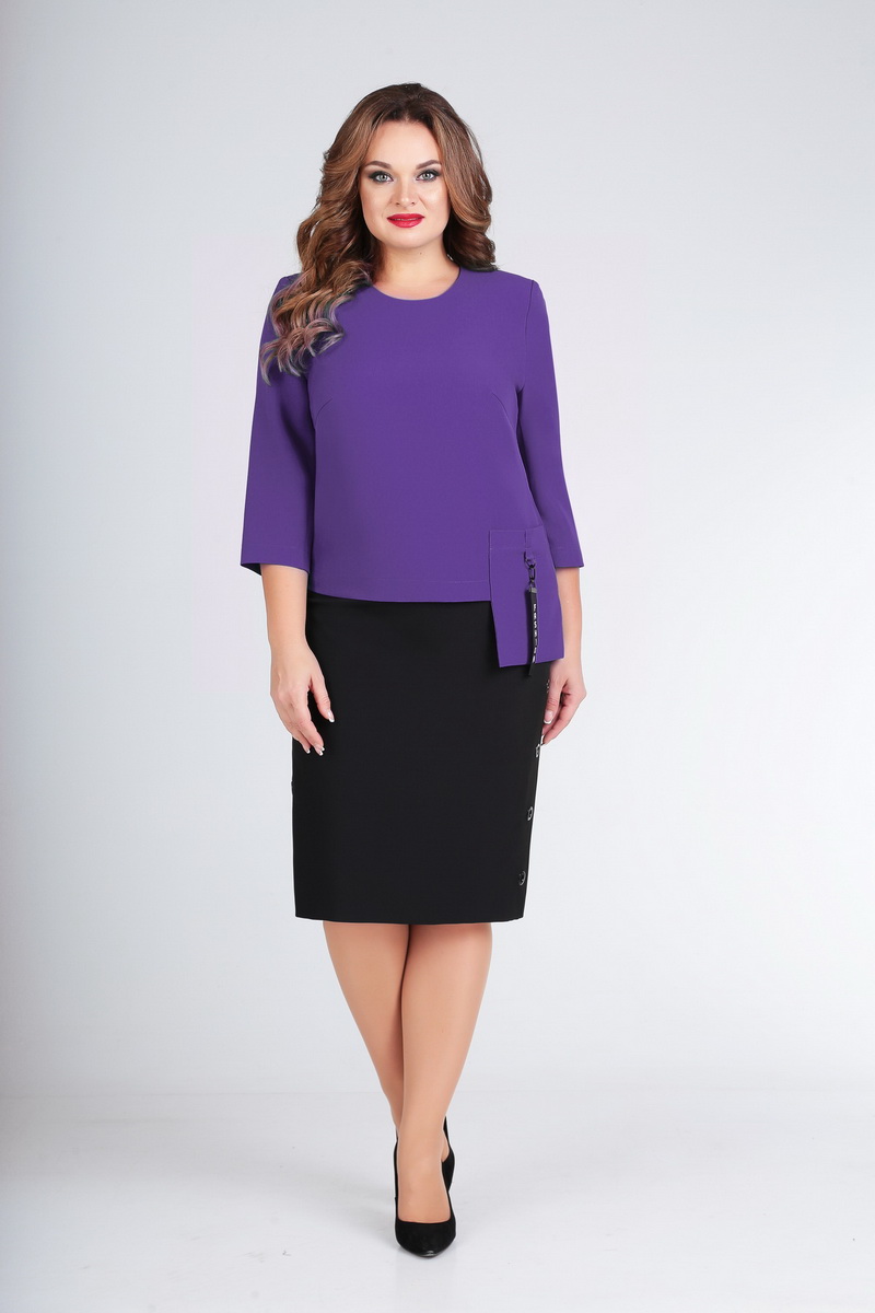Комплект из юбки и блузки со свисающим накладным карманом, фиолетовый