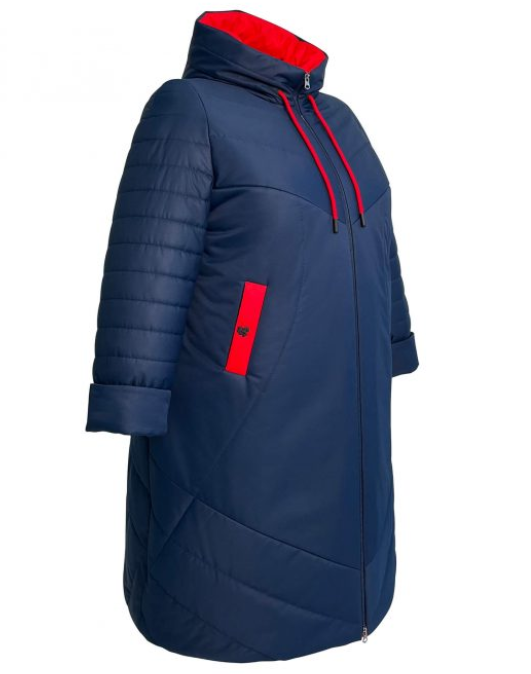 Демисезонное пальто с красной отделкой и капюшоном, синее