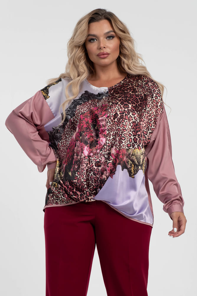 Атласная блузка с купонным рисунком, розовая