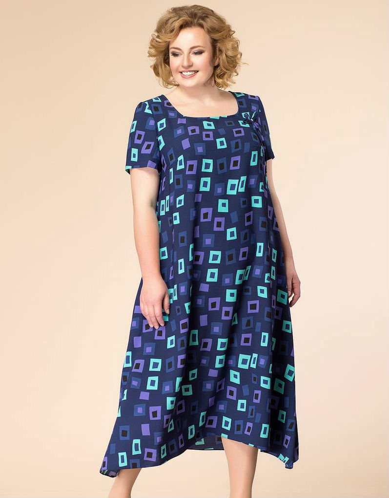 Длинное платье А-силуэта с коротким рукавом, синее с квадратами