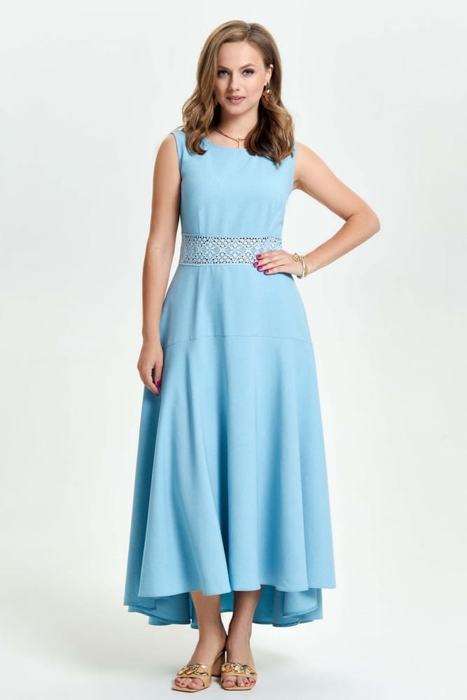 Длинное платье с кружевом на талии, голубое