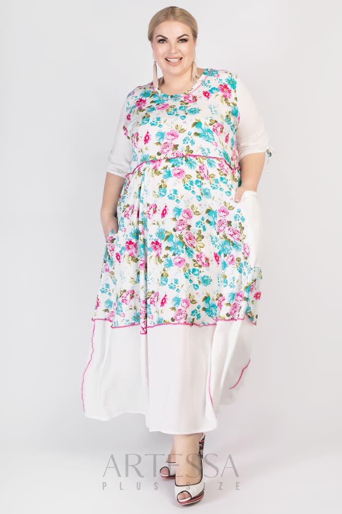 Летнее комбинированное платье с цветочным принтом, белое