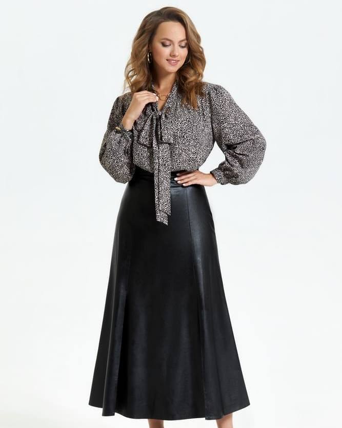 Комплект из кожаной юбки с разрезами и блузки, черный