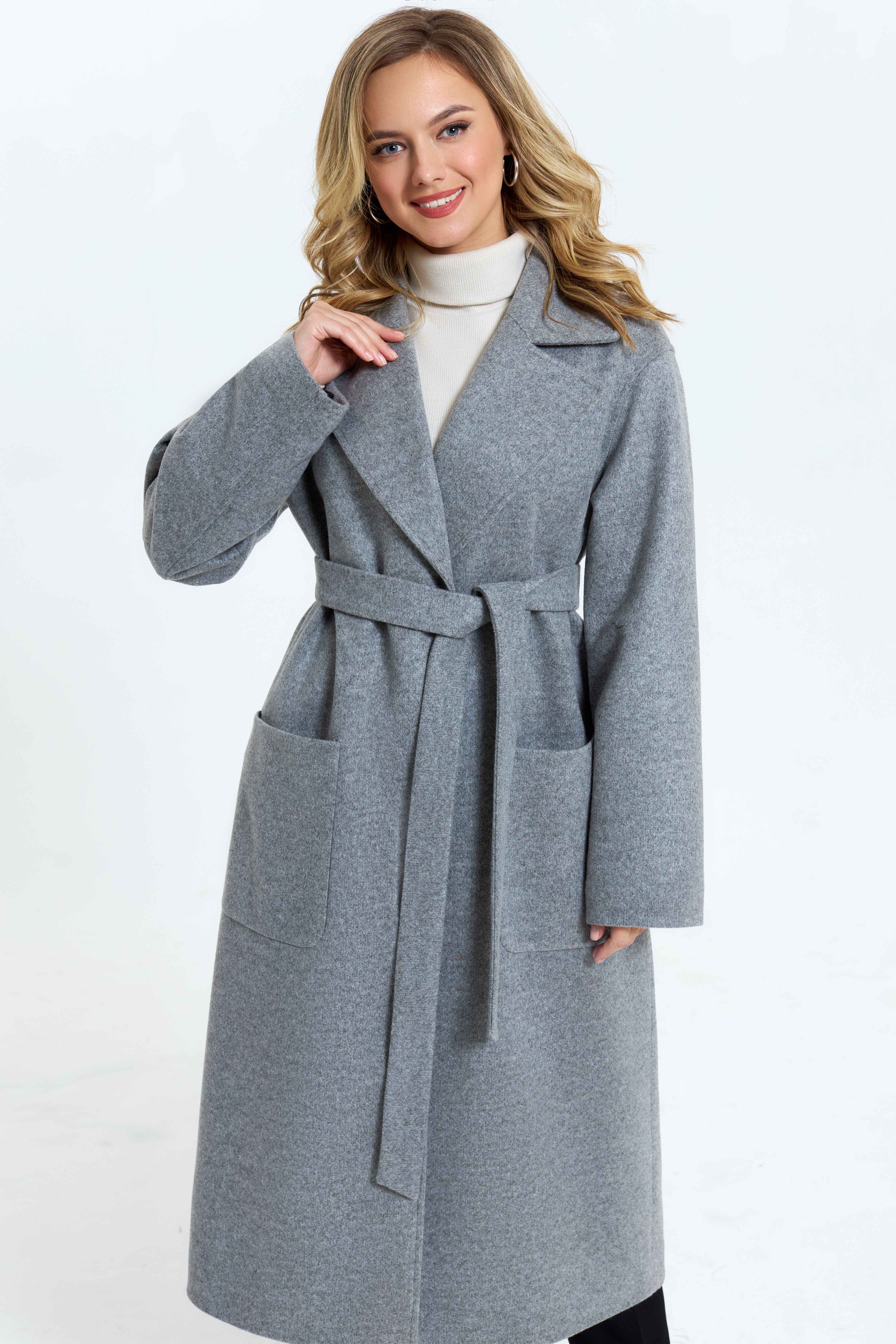 Свободное пальто с пиджачным воротником и поясом, серое