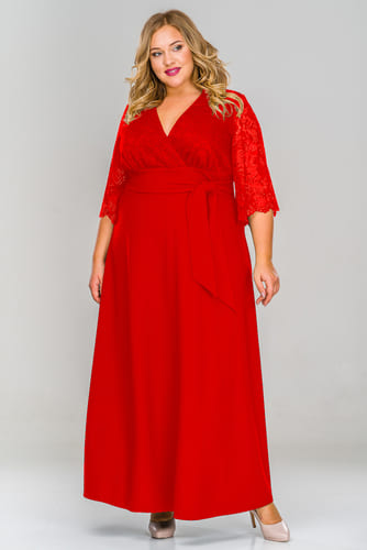 Длинное платье с расклешенным кружевным рукавом, красное