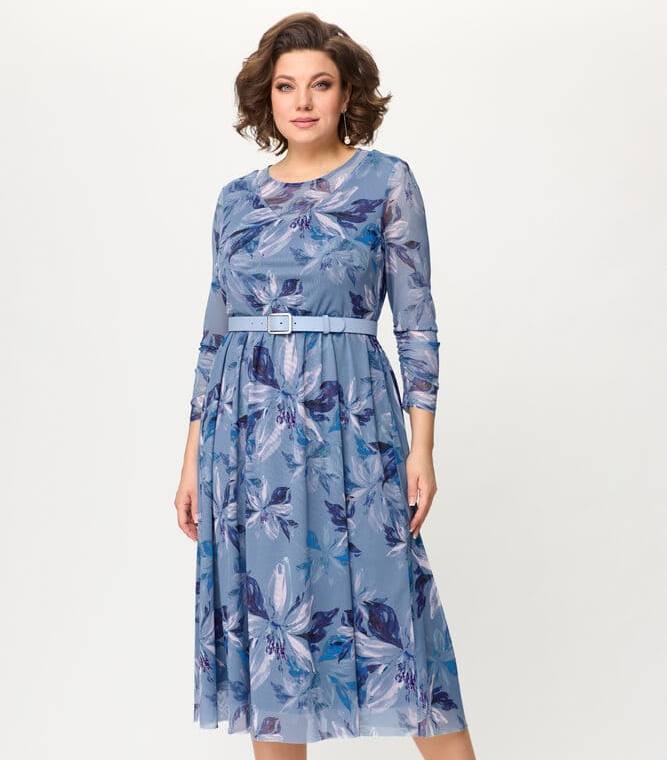 Отрезное платье из сетки с ремнем, голубое