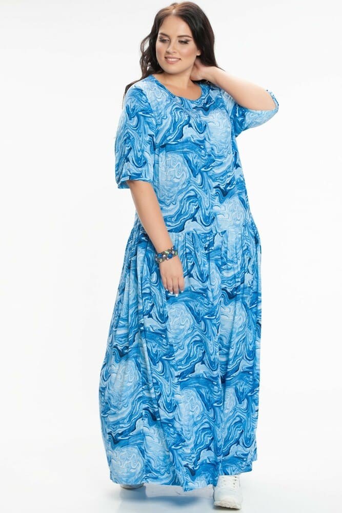 Длинное платье с коротким рукавом, голубое