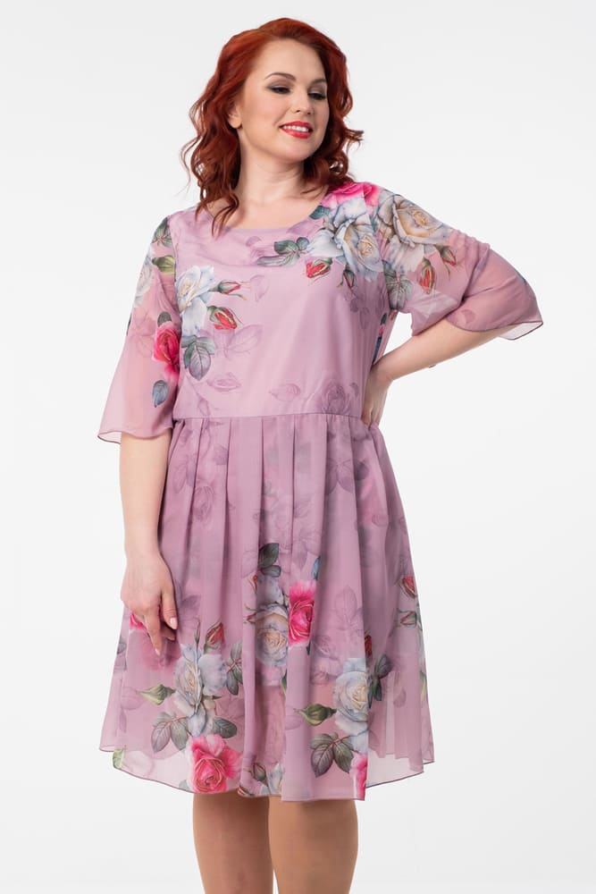 Платье с цветочным принтом и складками на юбке, розовое