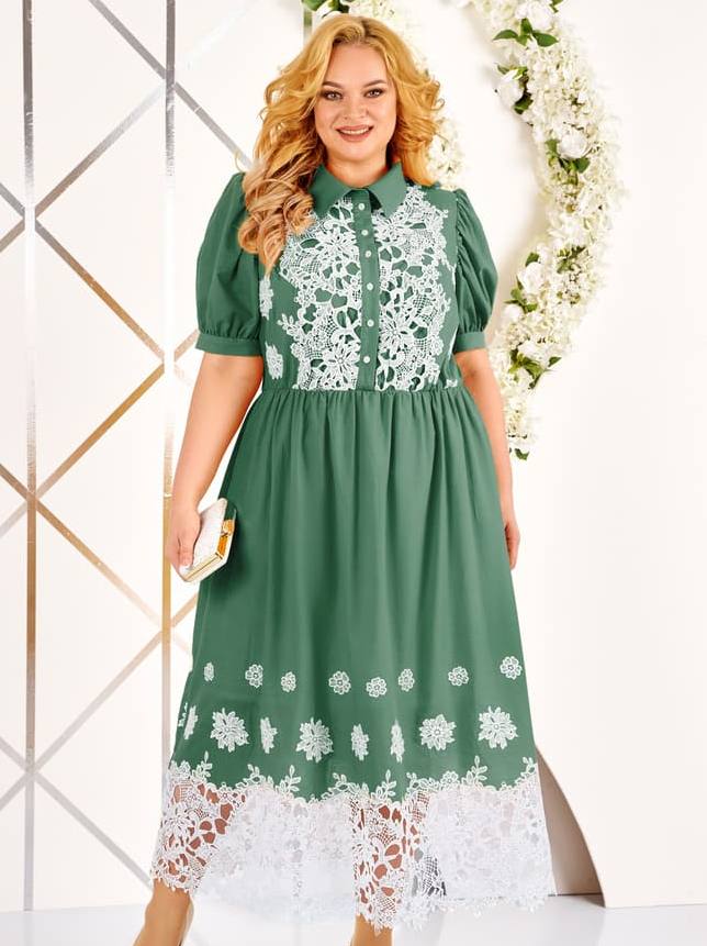 Длинное платье с кружевом, зеленое