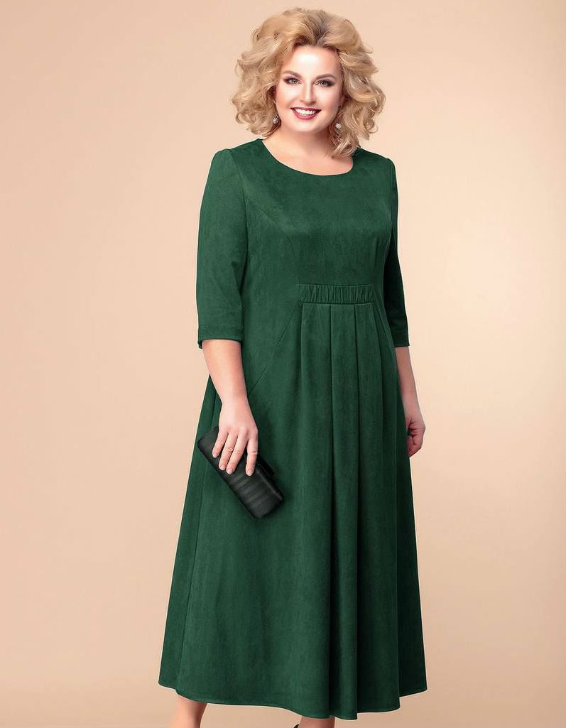 Расклешенное платье с бантовыми складками и карманами, зеленое