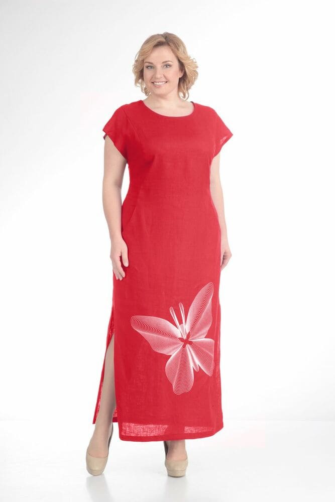 Длинное льняное платье с принтом "бабочка", красное