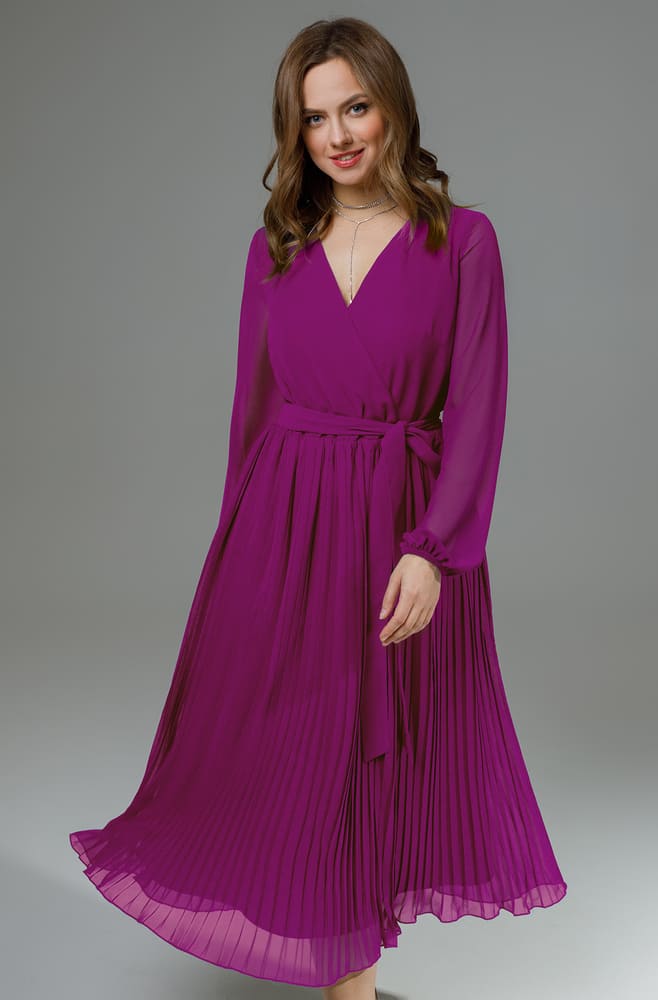 Плиссированное платье с поясом, фиолетовое