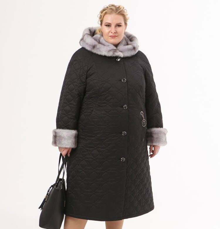 Зимнее стеганое пальто со светлым мехом норки, черное