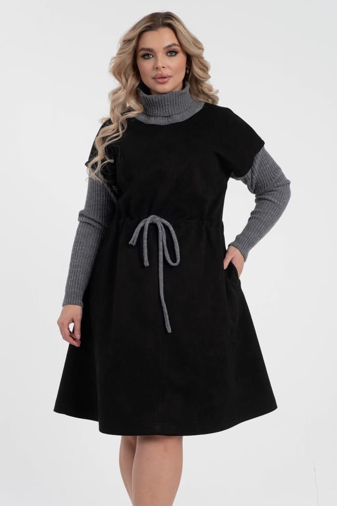 Замшевое платье с вязаными рукавами и воротником, черное