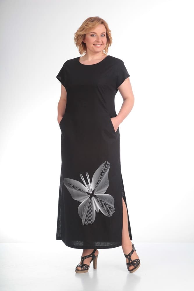 Длинное льняное платье с принтом "бабочка", черное
