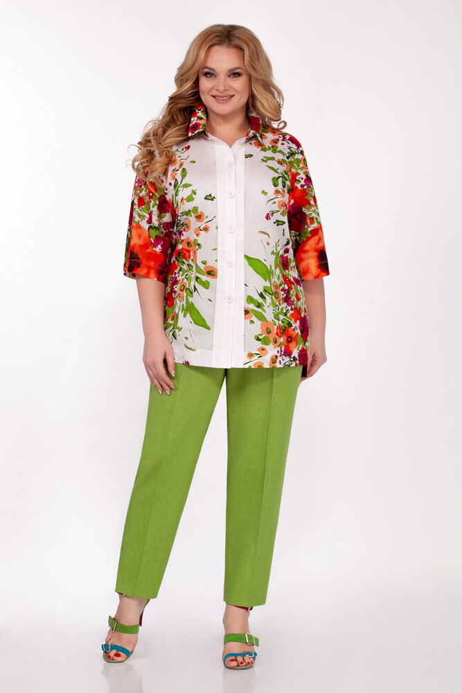 Комплект из брюк и яркой рубашки, белый с зеленым