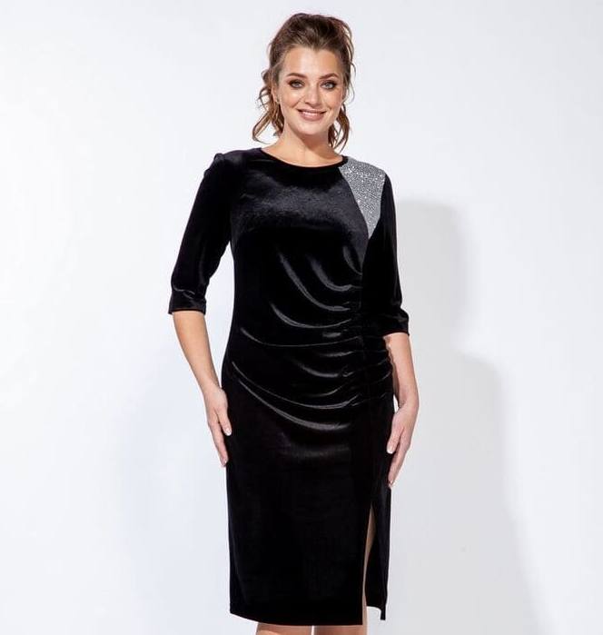 Велюровое платье с драпировкой и разрезом, черное