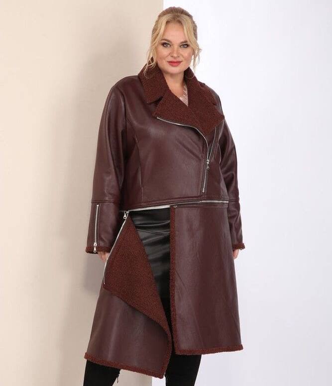 Кожаное пальто-трансформер с молниями на рукавах, шоколад