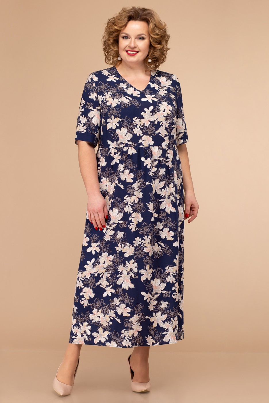 Платье с завышенной талией и цветочным принтом, темно-синее