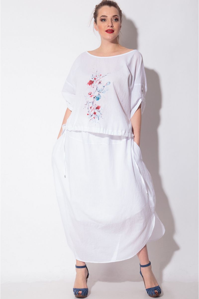 Комплект в стиле бохо из юбки и блузки с принтом, белый