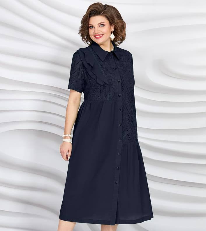Асимметричное платье с двойным воланом на лифе, темно-синее