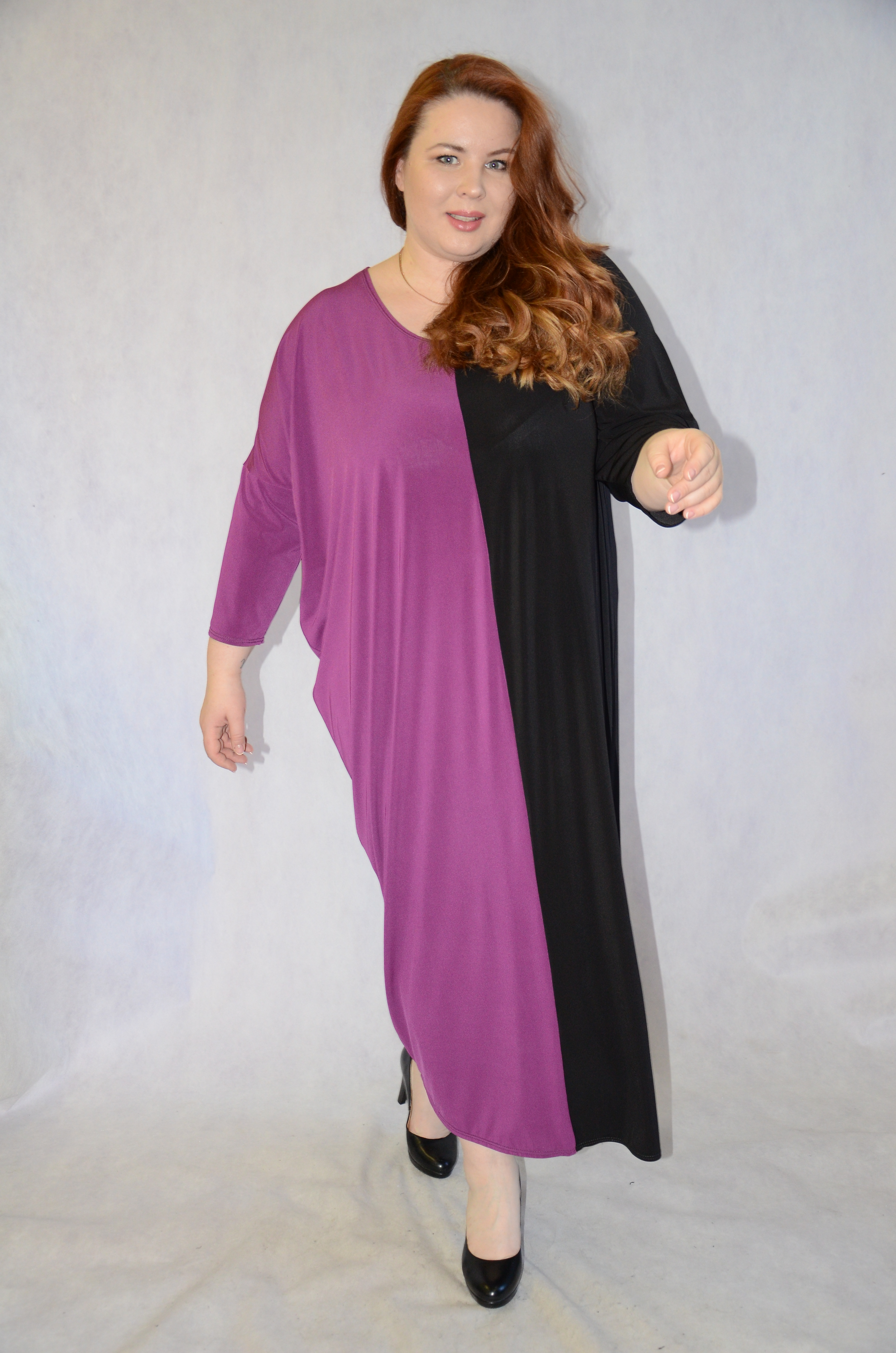 Длинное комбинированное платье, черный с фиолетовым