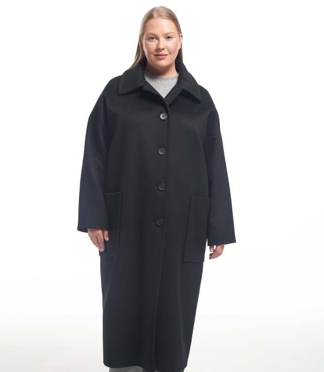 Длинное драповое пальто с отложным воротником, черное