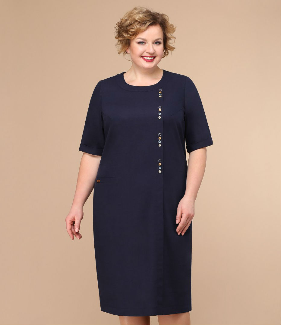 Платье с коротким рукавом и декоративными пуговицами, темно-синее