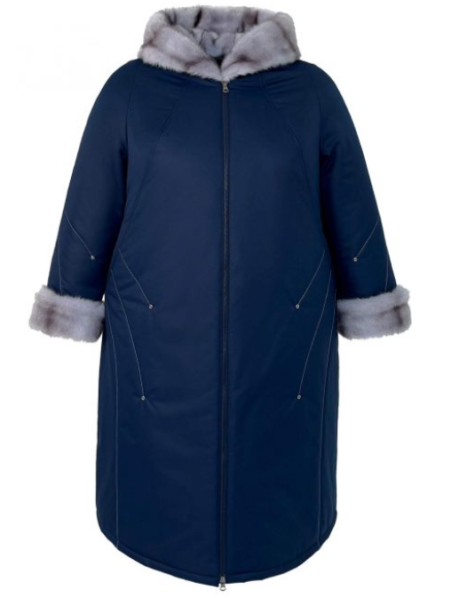 Зимнее пальто с эко-мехом норки и декором, темно-синее