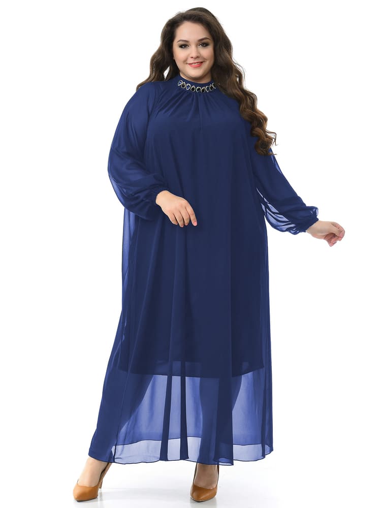 Шифоновое платье с украшением на воротнике, темно-синее
