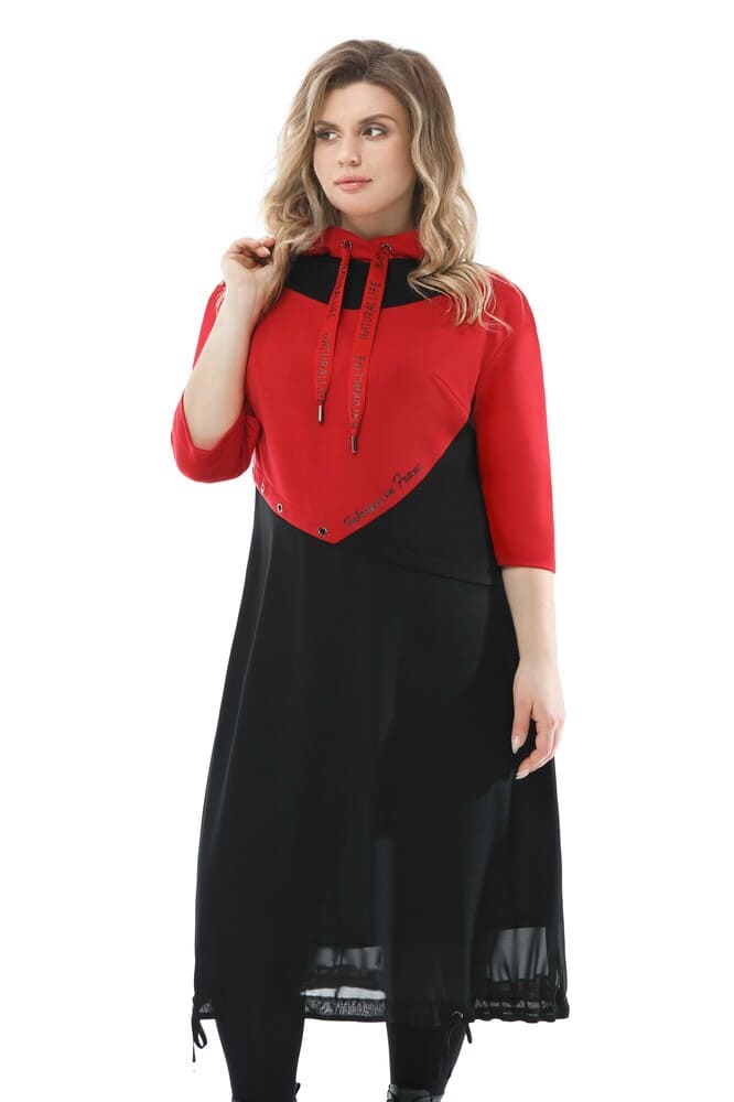 Двухцветное комбинированное платье с декором, красное