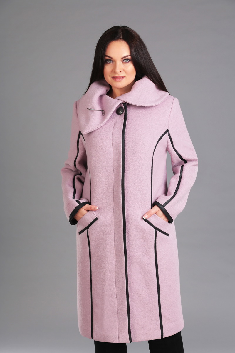Пальто с оригинальным воротником и черным кантом, розовое