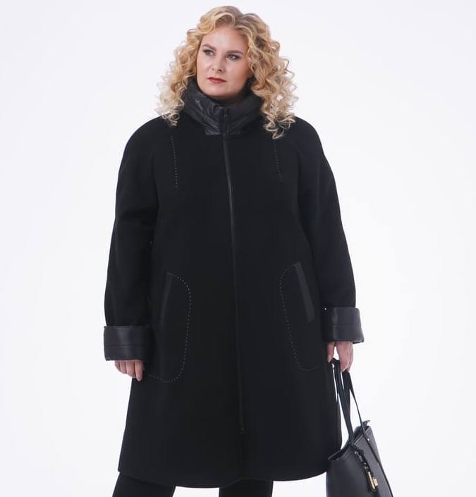 Демисезонное пальто с отделкой стеганой плащевкой, черное