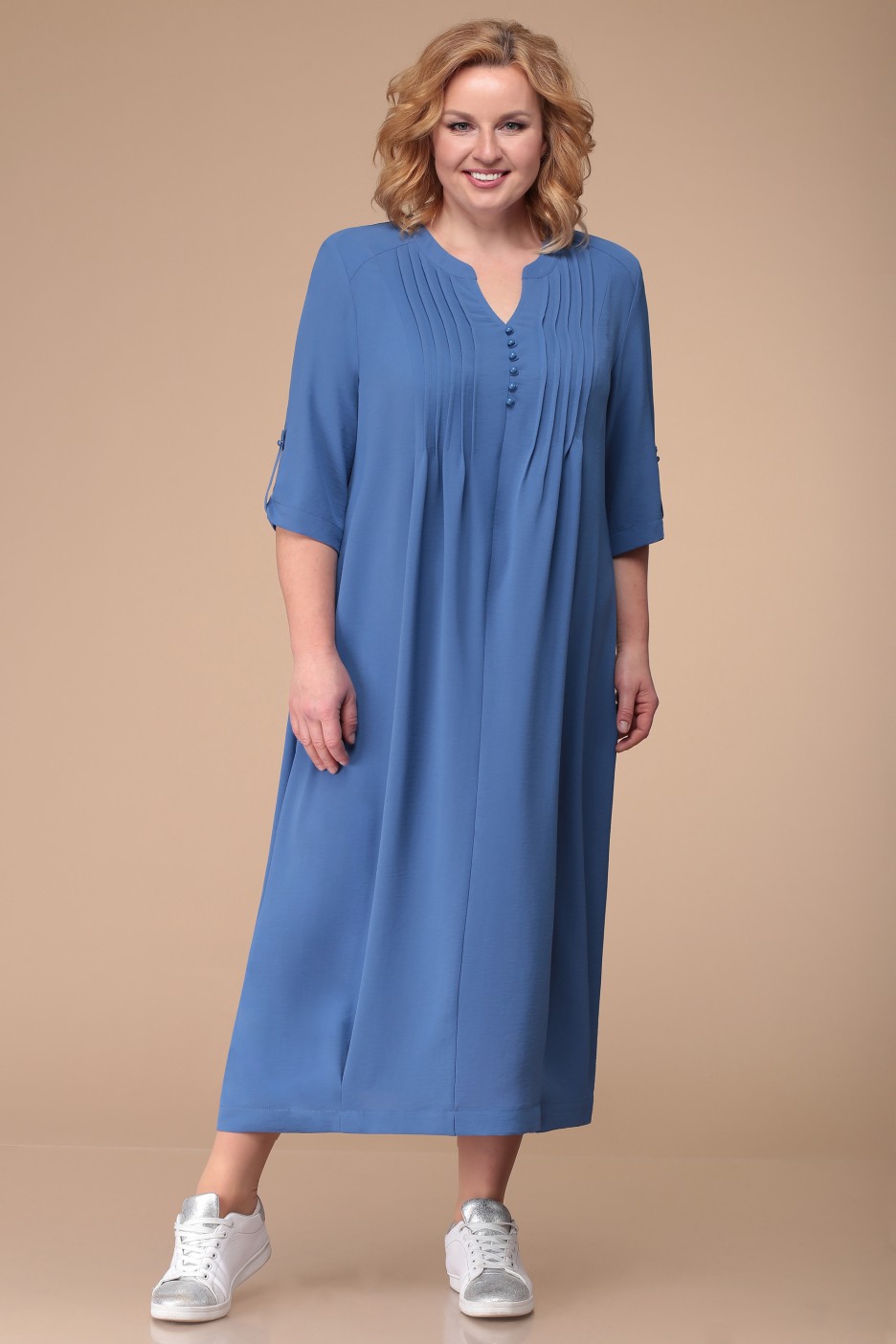 Свободное повседневное платье с декоративными складками, синее