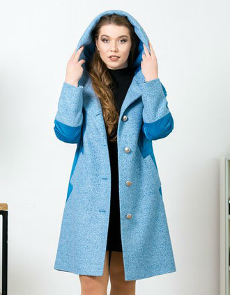 Комбинированное демисезонное пальто с капюшоном, голубое