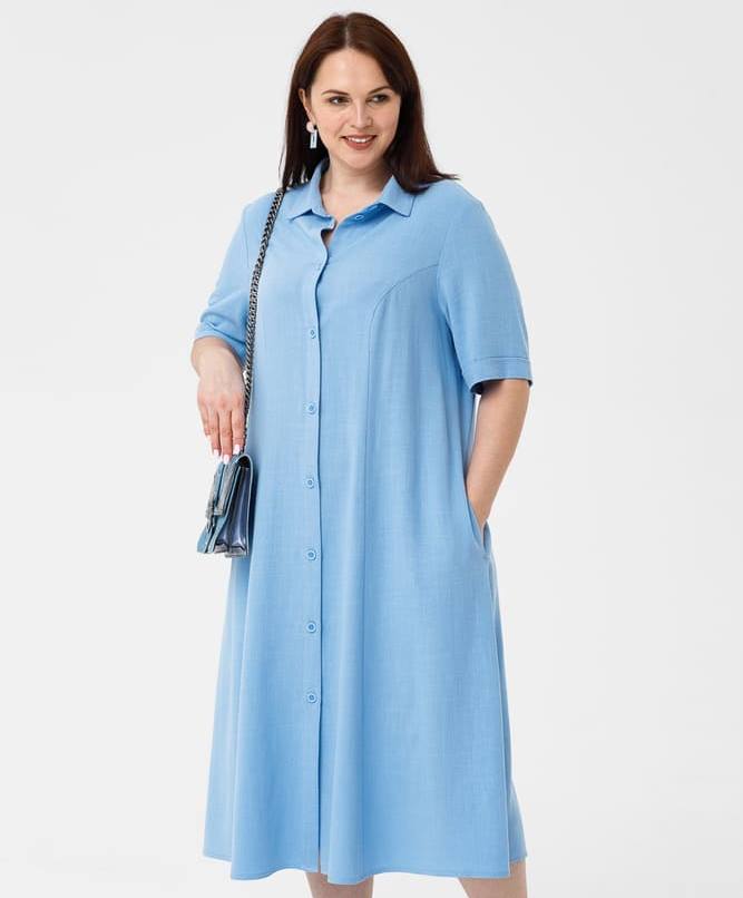 Свободное льняное платье-рубашка, голубое