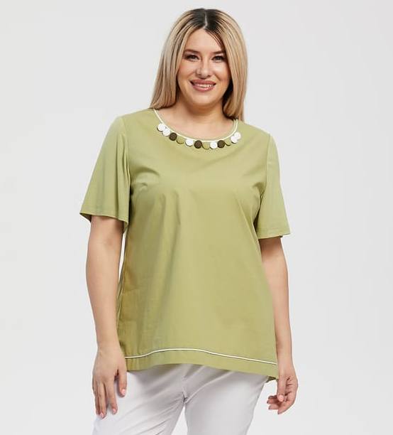 Прямая блузка с пуговицами на горловине, зеленая