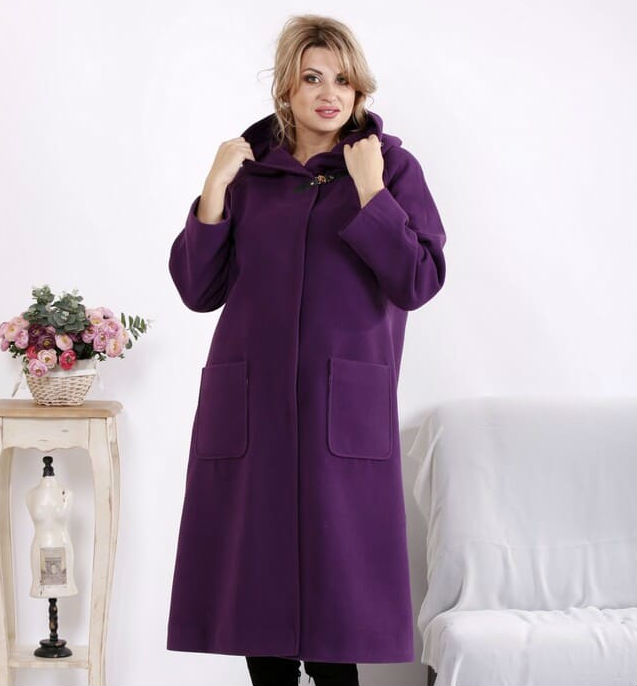 Длинное кашемировое пальто с большими карманами, фиолетовое