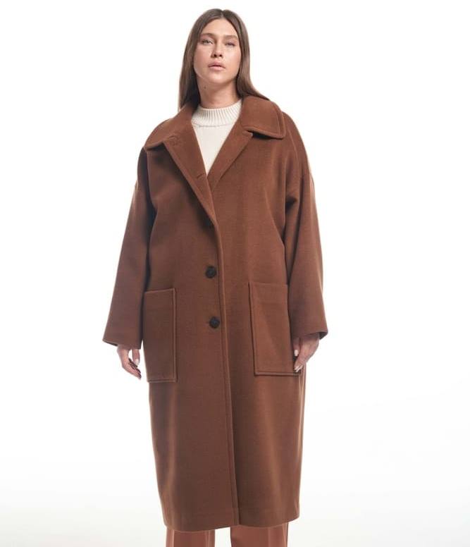 Длинное драповое пальто с отложным воротником, коричневое