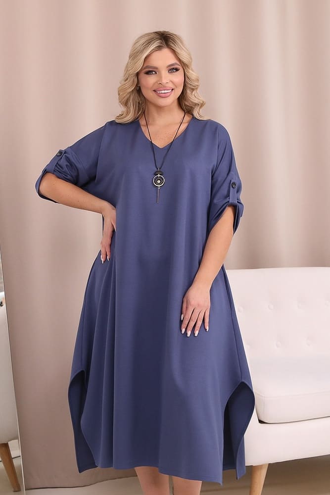 Расклешенное трикотажное платье с подвеской, синее