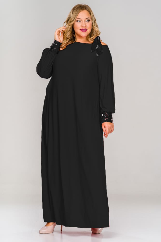 Свободное длинное платье с манжетами из пайеток, черное