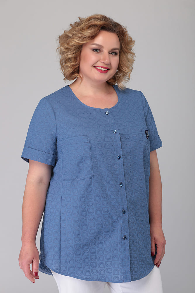 Легкая блузка из шитья с коротким рукавом, синяя